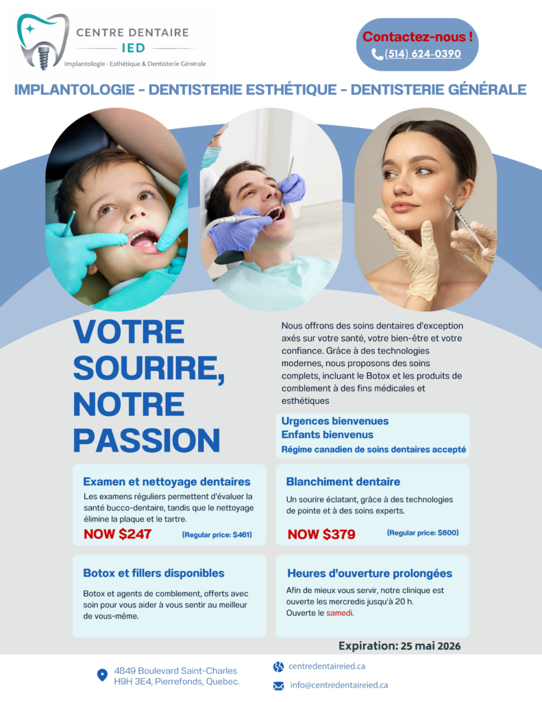 Centre Dentaire IED Implantologie Esthétique Dentisterie Générale Pierrefonds Montréal Quebec Dentistes